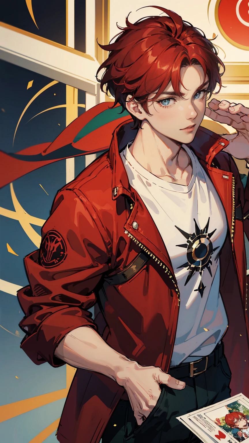 1 man, boy hair, short hair, red hair, red jacket sweatshirt jacket, green eyes, white t-shirt, black pants, (masterpiece), best quality, expressive eyes, perfect face, bright eyes, fullbody, proud smile, cards in hand,best quality, perfect eyes, ultra-detailed, eye shadow, eyeliner, mascara, look at the viewers, sequins ,manhwa,, marvel superhero