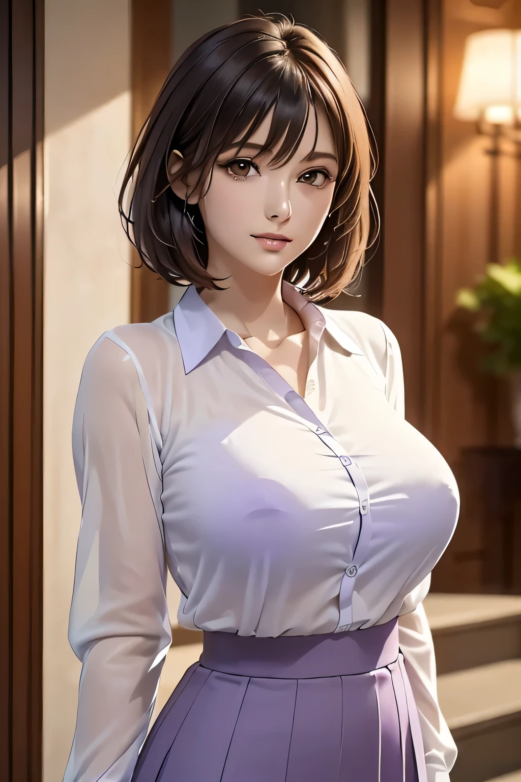 1 Female, alone, Beautiful middle-aged、I could see the whole body、 ((short hair)), ((Brown eyes, Beautiful eyelashes, Realistic eyes)), ((Detailed face, blush:1.2)), ((Smooth texture:0.75, Realistic texture:0.65, Realistic:1.1, Anime CG style)), ((Glamorous Body)),((Big Breasts)), Dynamic Angle, Perfect body, ((Light purple transparent blouse, Red Skirt))、(Hotel stairs)、Angle looking up from the bottom of the stairs, (((masterpiece, Highest quality, Realistic, High resolution, Pixel Perfect, 8k)))