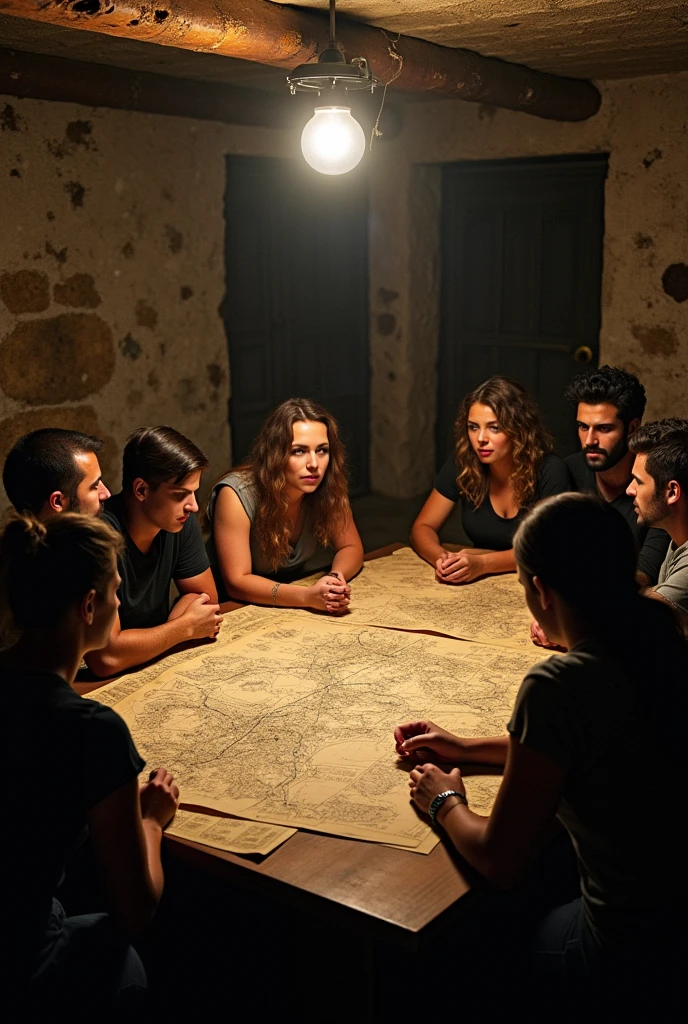 A group of people in a dark room, Planning a rebellion, with maps and plans scattered across the table.