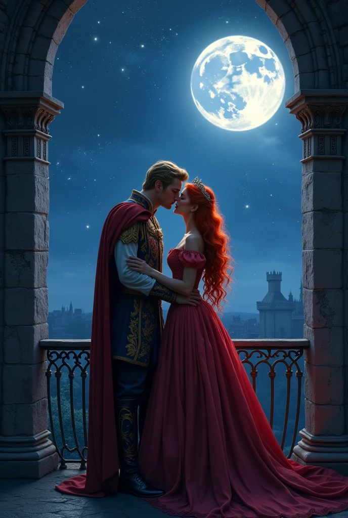 Red-haired princess kisses blond prince on the balcony of a castle room at night without fireworks, NO flowers