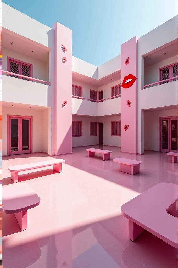 (photorealism:1.2) Empty in a pink girls' school inside yard, pink and white modern school building with pink benches, clean in good shape, the sign "Colegio Coquetas" and the signs of many kisses 💋 on the walls, not childish drawings on the walls, realistic, intricate details