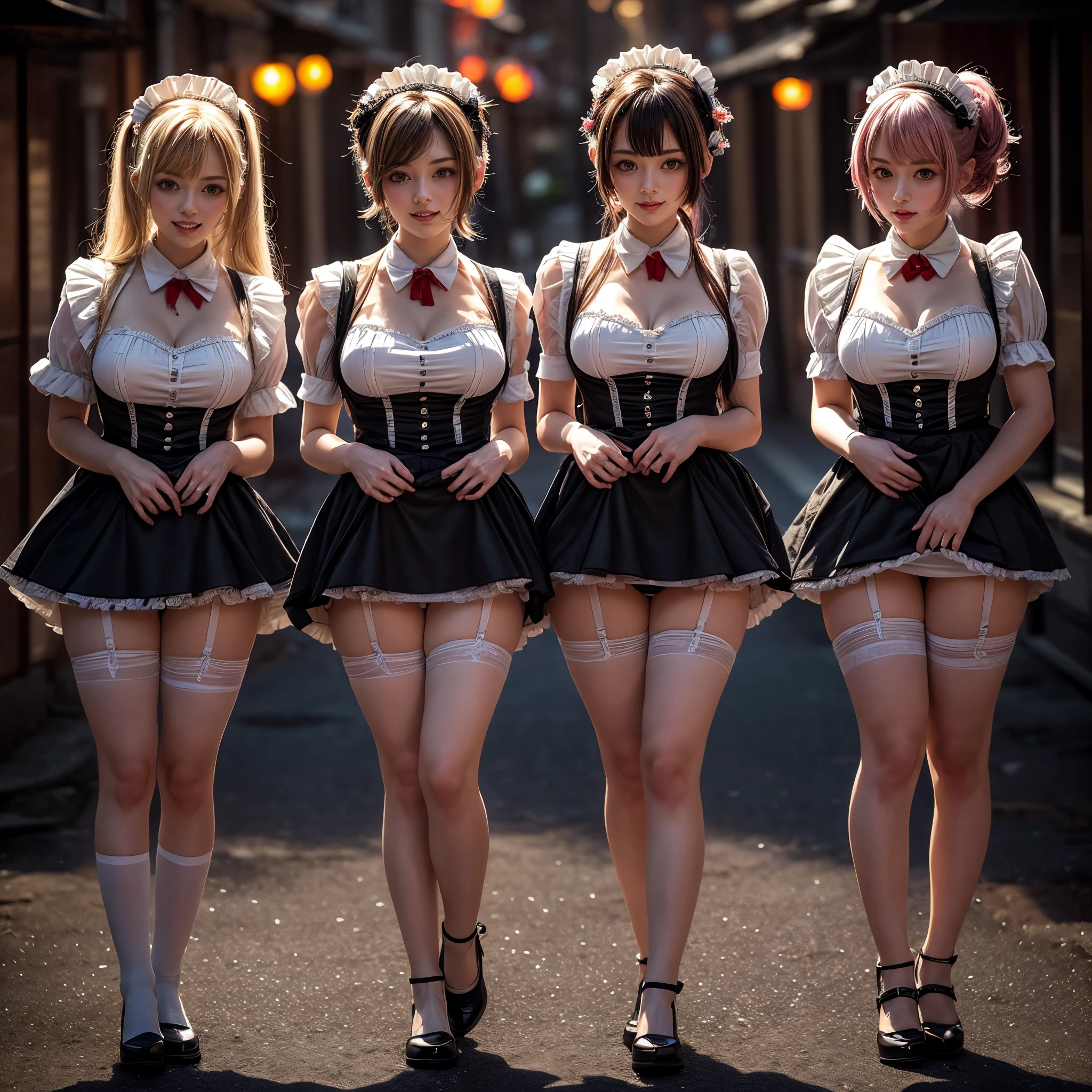 (Full Body of Extremely Detailed((Kawaii Maid Group in a row:1.37))), Cute perfect face, Reflective Eyes, Detailed(Delicate Clothing textures), Correct Leg Line, Dynamic Joyful Expressions LifeLike Rendering, Specular Reflection, TopQuality 8K Ultra-detailed masterpiece (ProfessionalPhoto:1.37), (Acutance:0.8), (Luminism:1.28), (Renaissance art style), Colorful Light particles, ((Full body from side)), {MicroMini Skirt|Kissing|Breast Lifting|Undressing|Thigh Gap}, Radiant Fine Skin with Transparency, (Exposed:0.5), (Different types of Anime hair color){Pink Hair|Cyan Hair|White Hair}, Perfect Lighting