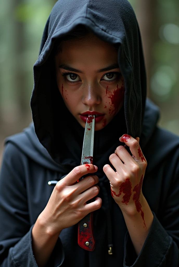 Indonesia woman cutting the throat of a ninja, blood stains, blood splashed