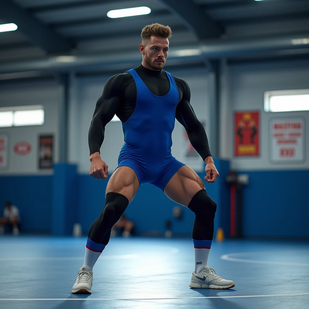 Best image quality, Ultra-high resolution, photograph,1 male,Long legs, Blue tight wrestling singlet,Black long sleeve high neck compression shirt,Black long tights,White socks that come down to mid-calf,White sneakers,