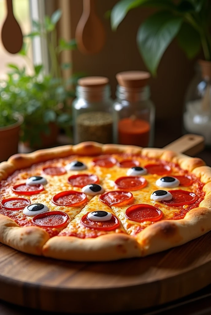 Pizza with eyes instead of pepperoni 