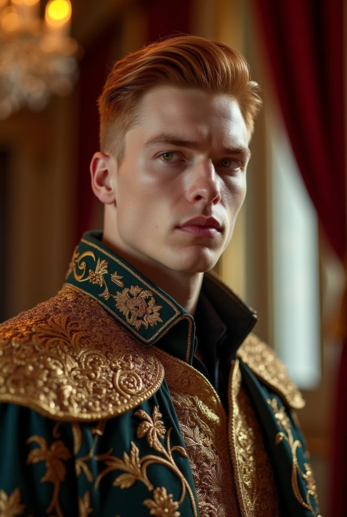 21 year old handsome man, a tough but handsome profile, whitish skin, copper blonde hair and well combed, amber eyes, unfriendly face, in a king's outfit.