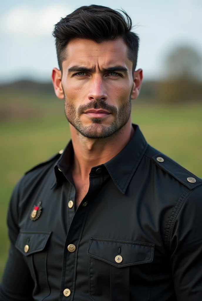 Handsome england tall man with black hair, big muscles, white skin, and light blue eyes with an intense look in his yes, wearing a military shirt looking at the front of the screen