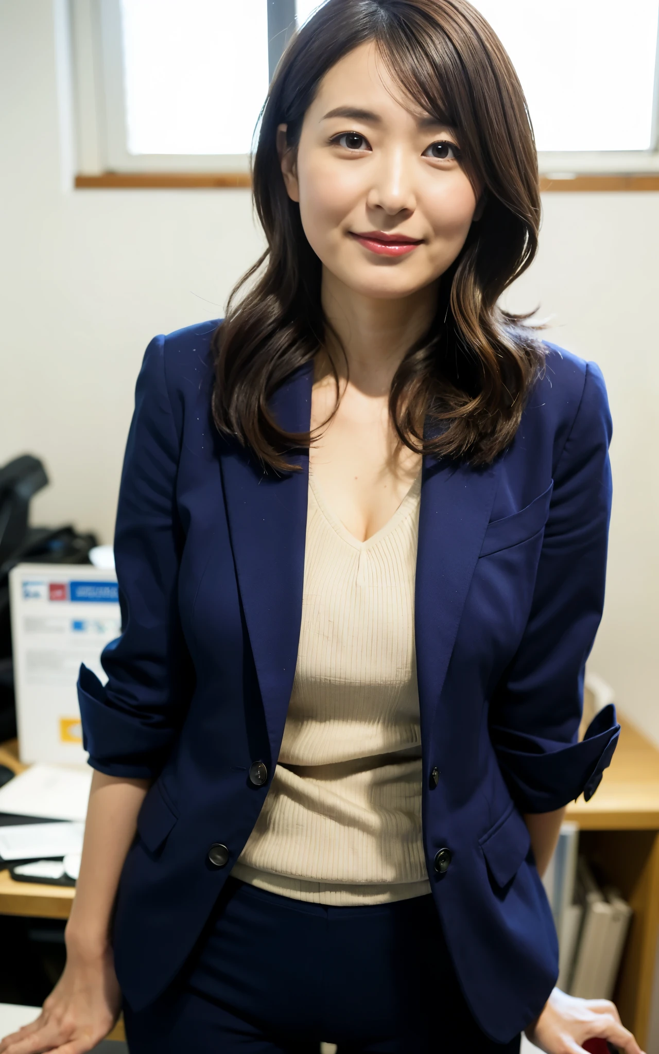 ((Best Quality, 8k, Masterpiece: 1.3)), ((face shot:0.5))Photorealistic, Sharp Focus, High Quality, High Definition, 2 Beautiful Japan Person, Business Suit, 43 Years Old, Plump, ((from below, from front)), (looking at viewer, stand with open legs), (disdain smile, look down at viewer), big breasts, 47 Years Old, Plump, Wavy Hair, unfocused office, ((Nobody)), ((Raise Stained Panty:1)),