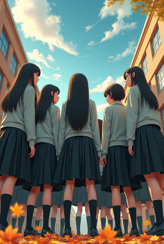Group of giant school girls with long black skirts and gray sweaters looking at me in a circle from below