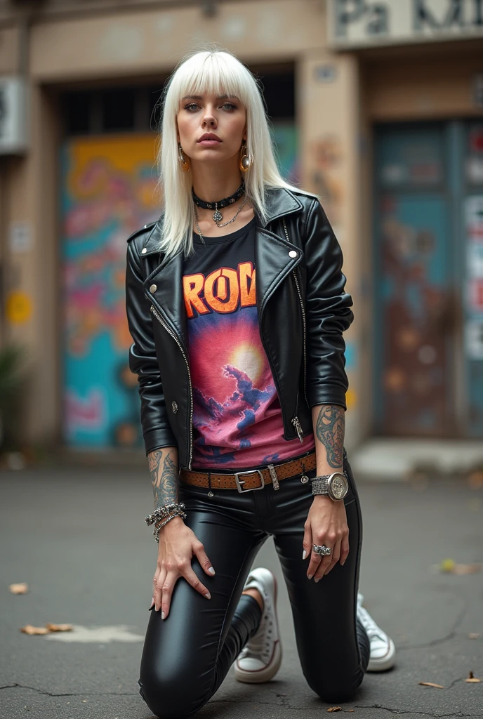 russian milf, platinum blonde hair, long, and straight with a fringe, with very light blue eyes, pale, lots of makeup. Wearing black moto jacket with popped up collar, long rock band t-shirt, black shiny leggings and white tennis sneakers. Big loop earrings. Wide tacky belt with big tacky  buckle, dog collars, lots of rings and studded bracelets. Big loop earrings.Tattoos .Full body, kneeling and praying in the street. Seen from above,