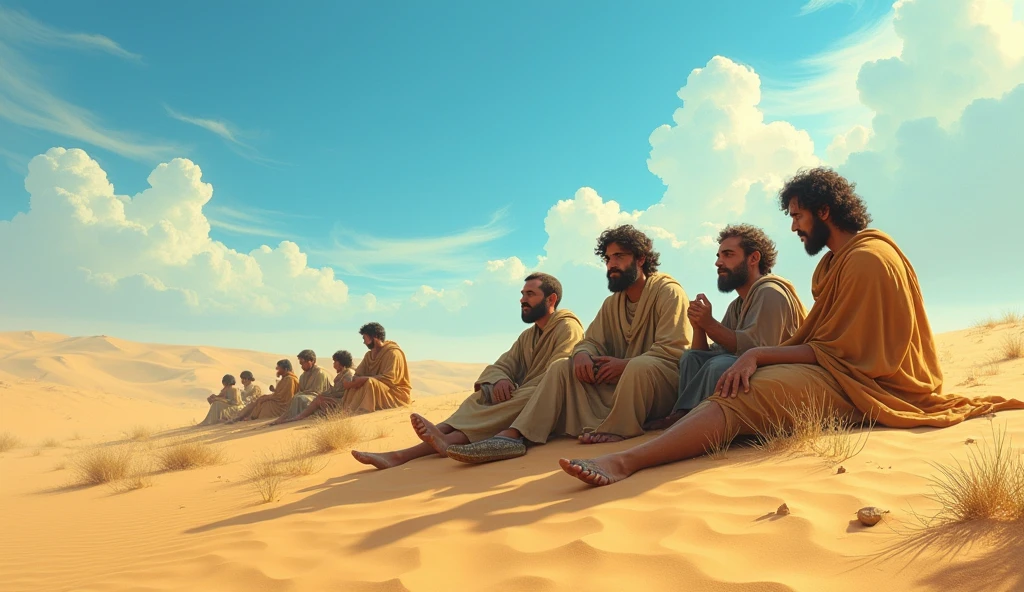 A scene showing the children of Israel after their salvation, resting in the desert, but they appear anxious and lost.