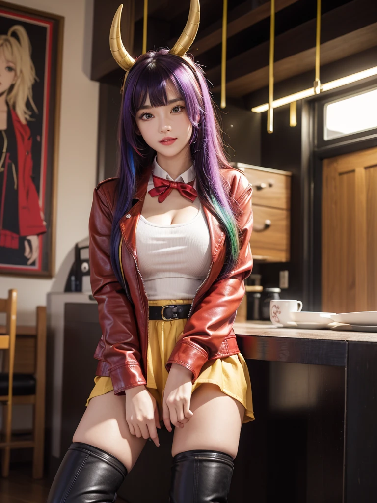 best quality,In 4K,beautiful girl,gravure idol,model,red,purple,Green clothing smile,highest quality,big breasts,hyper real stick、Long trousers,She has her bangs down,beautiful girl,Maid clotheasterpiece,perfect face,perfect breasts,long hair,Outstanding style,stimulating,Cute outfits,Horny girl,double eyelid,Naughty Girls,Erotic and cute,mini skirt,ribbon on uniform,colorful hair color,yellow eyes,leather jacket,horny girl,Knee-high boots,
Colorful,Multicolor,future fashion