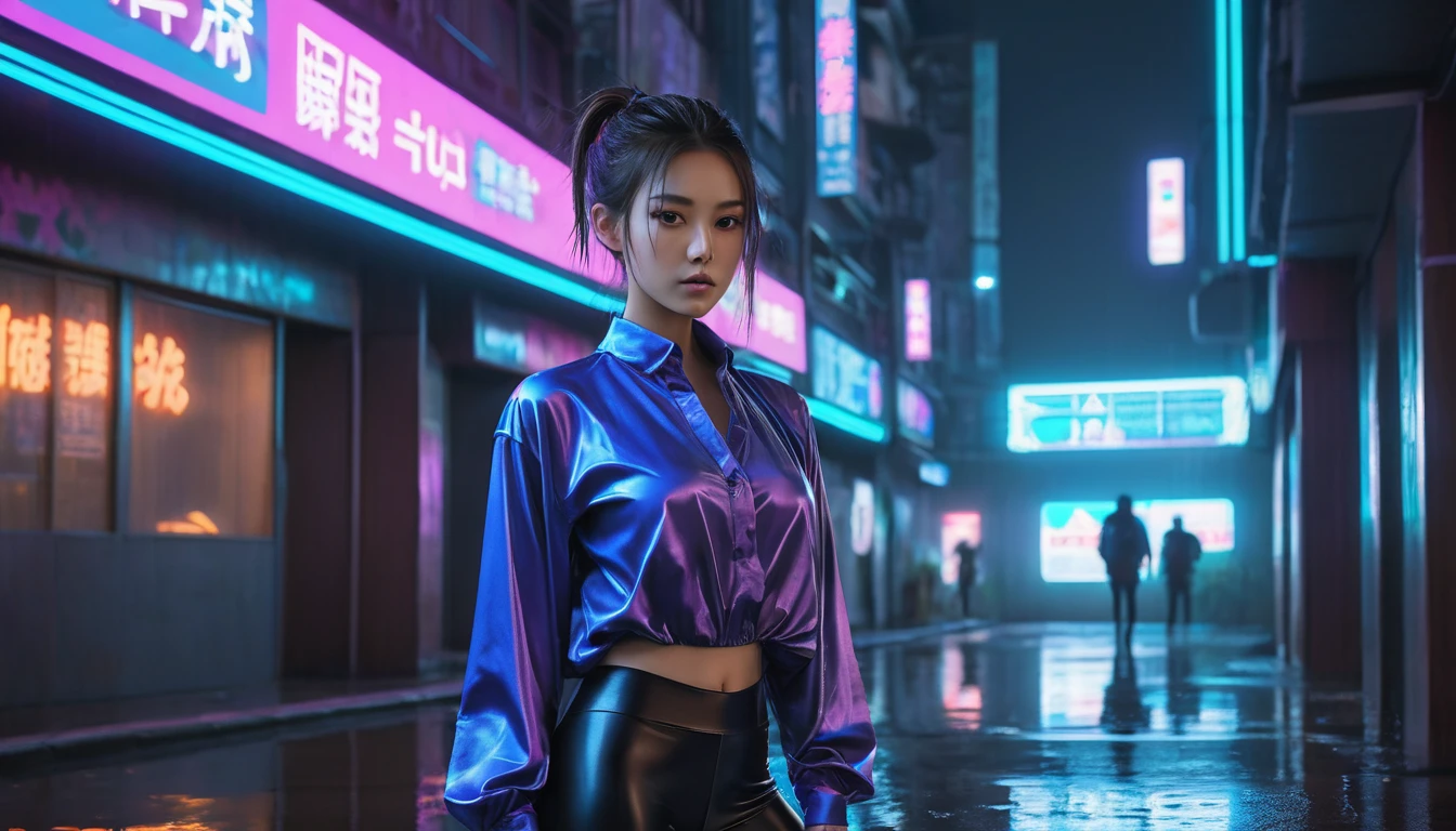 Highest quality, masterpiece, High resolution, 8k, (((She wore an oversized silk blouse and wet-look leggings.、Cute and skinny、Barely an adult, Bare Belly, wide neckline, Deep neckline, small and taut breasts, Beautiful attention to detail, Beautiful lip detail, Small closed mouth, Highly detailed face, Long ponytail, Small hips))), Cyberpunk Apartment, Gloomy atmosphere, Dramatic and random neon colors, Futuristic Setting, Intricate details, At night, Backlight, Full Body Shot, A view from afar