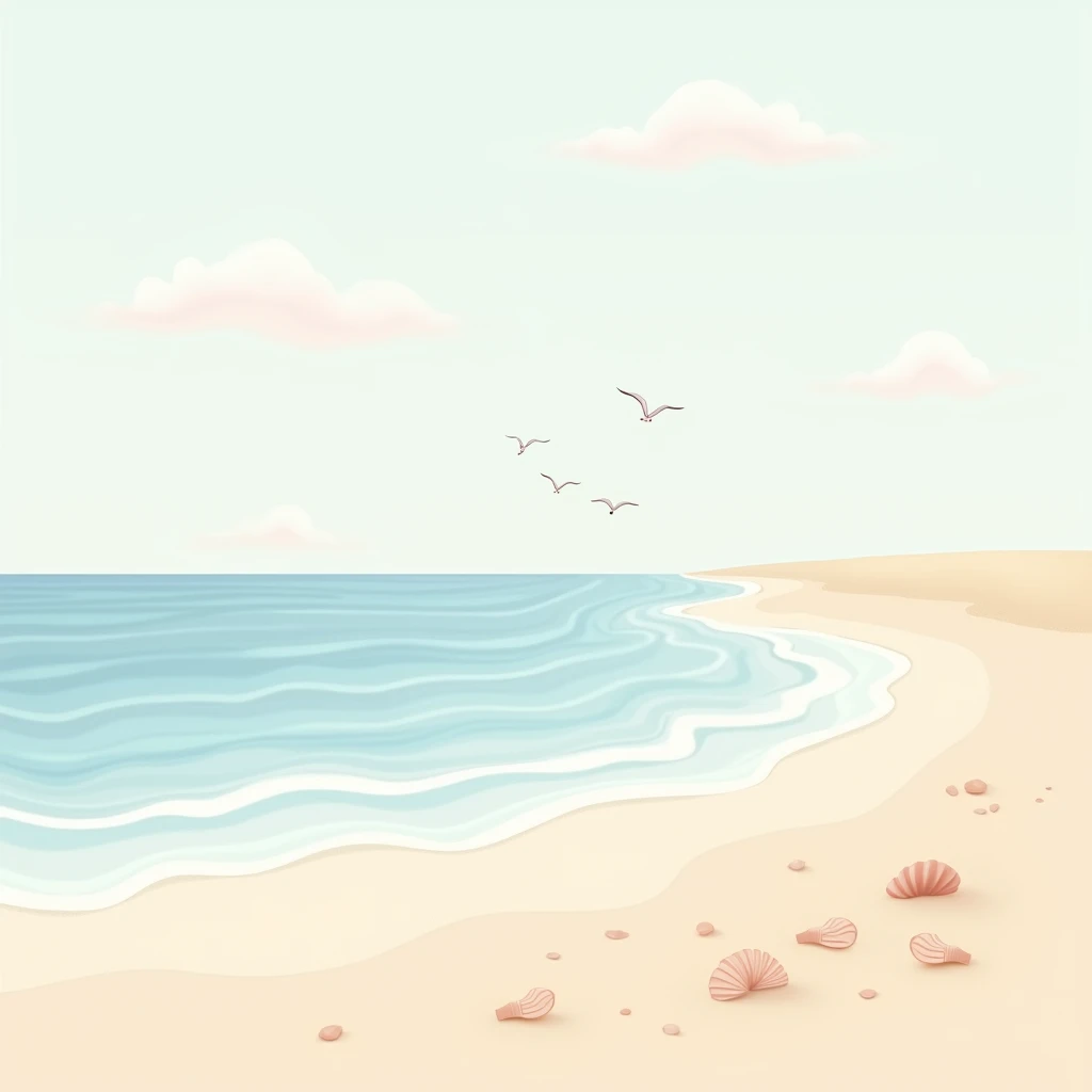 A stylized beach scene in a minimalist style , with smooth, flowing lines representing the ocean and the sand, in pastel colors