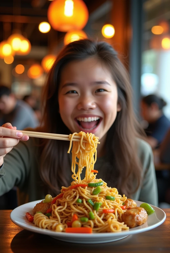 A customer enjoying a plate of chow mein with an expression of happiness 