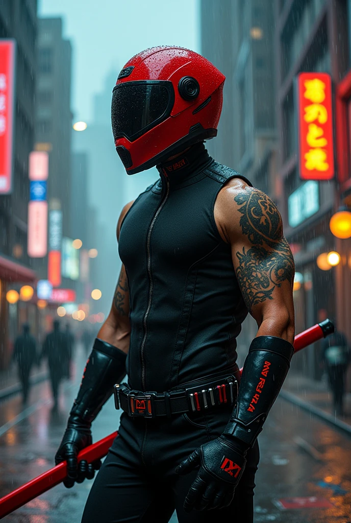 A superhero with a red motorcycle helmet on wearing his own unique black super hero suit with black stripes and cut off sleeves. His arms have many tattoos and he holds a red katana. he is standing in a rainy background