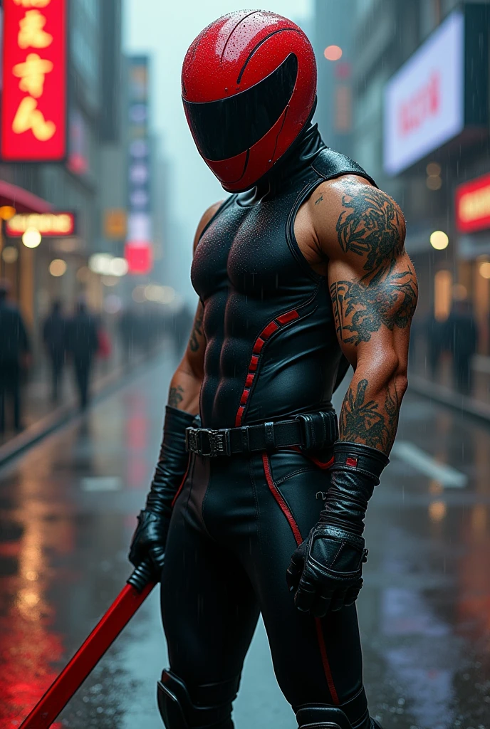 A superhero with a red motorcycle helmet on wearing his own unique black super hero suit with black stripes and cut off sleeves. His arms have many tattoos and he holds a red katana. he is standing in a rainy background