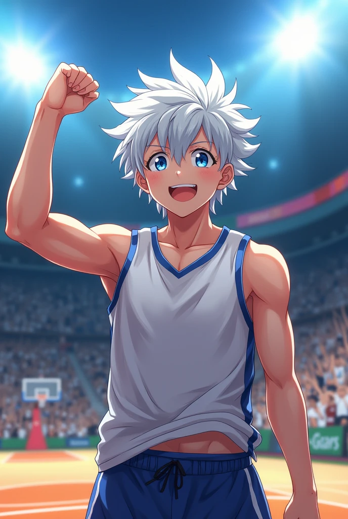 A big, strong, and tall anime guy with blue eyes and slightly messy white hair, playing basketball and celebrating, you can see a bit of his abdomen.