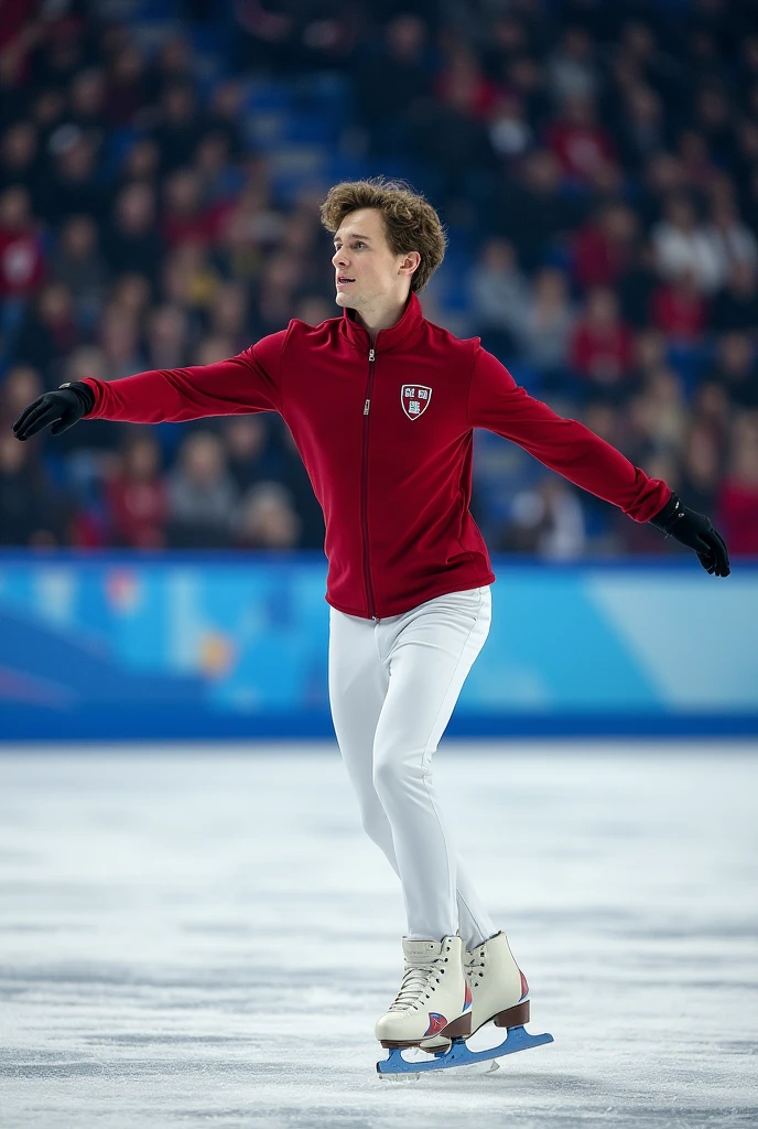 Draw a figure skater who is a Harvard student,brownhair, blue colored eyes, pele caucasiana,young adult male,ice blue skates,uniforme de Harvard