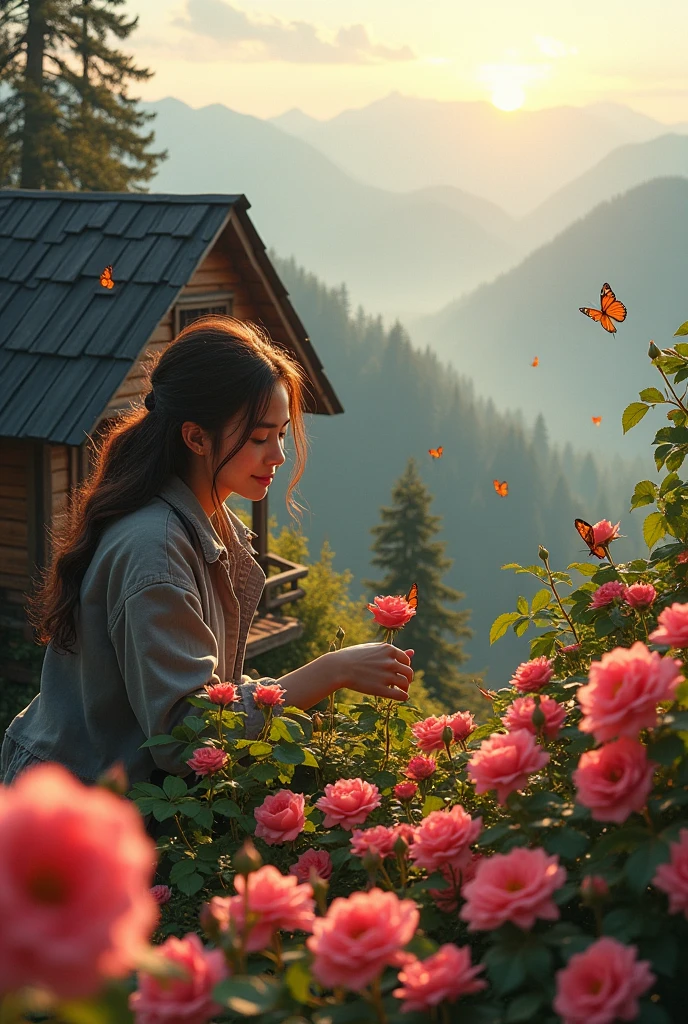 A person who live in home on the mountain and some garden of roses and he looks very nice 
