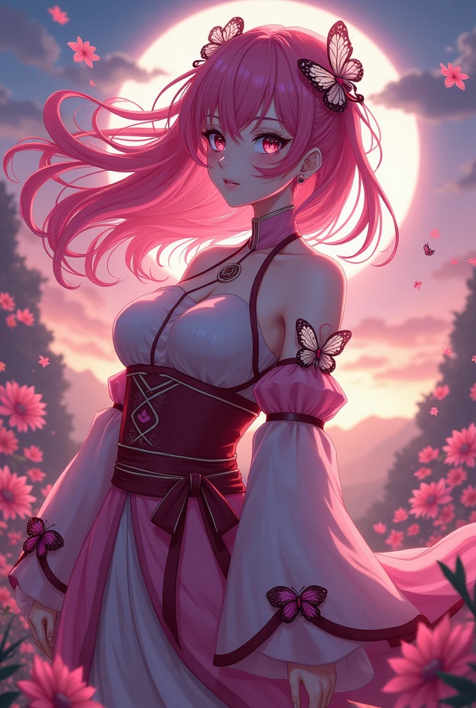 OC Kimetsu No Yaiba, Flower Pillar, female, 20 years old, pink hair, wearing Demon Slayer Corps uniform, There are two butterfly clips in front of the cheeks, Butterfly clips behind the head, big breasts, small waist, big butt, fat thighs.
