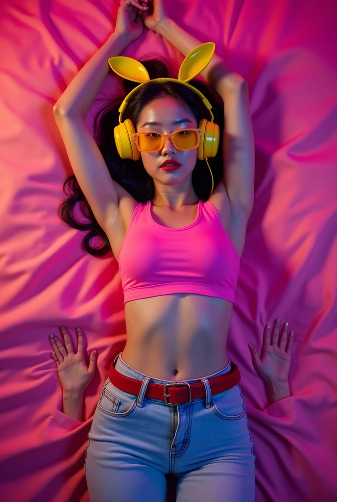 Spot a beautiful white-skinned Chinese belly dancer girl lying on a pink bed, Her entire body faces the camera, His arms were straight up and his legs straight down, and he tilted his hips.,wearing a pink Adidas sports bra and pink thigh-length jeans, smooth thighs, a small navel that protrudes inward into the abdomen, wearing yellow glasses, wearing a red belt on their pants , wearing a yellow bunny headphone, his gaze looks into the camera, the wide area around the lower abdomen, wearing a black jacket, two hands appear from under the photo touching their hips, his gaze sighed with slightly closed eyes and furrowed brows