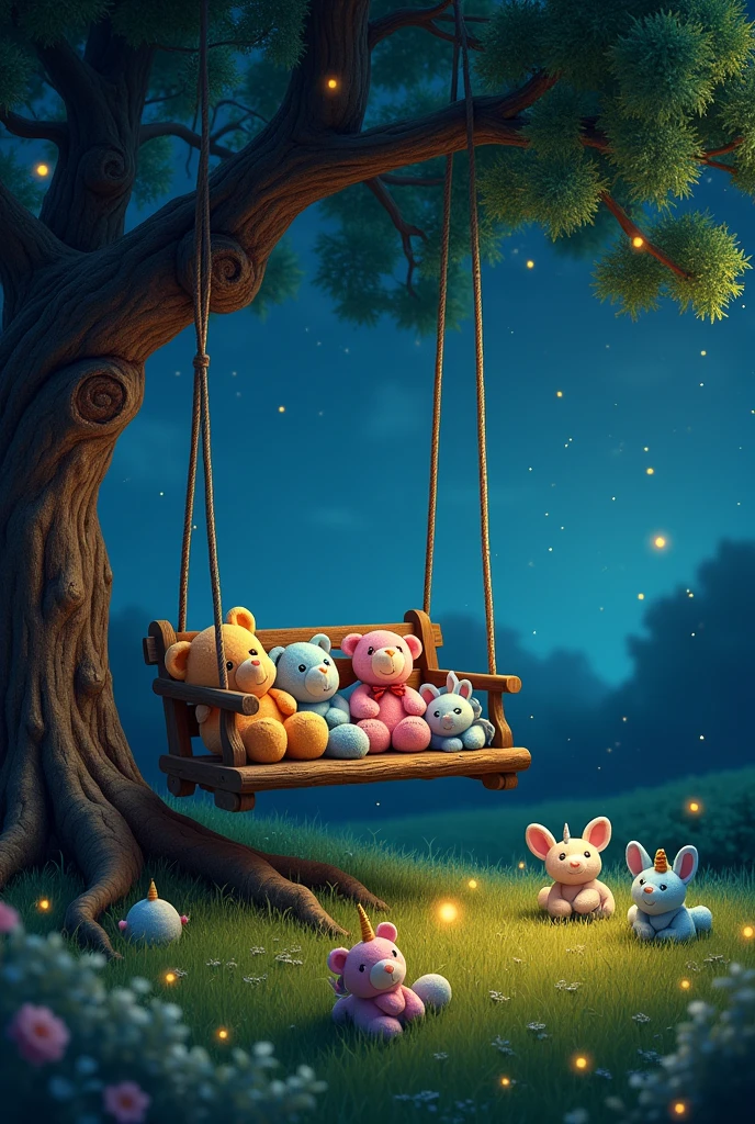 A swing with many plush toys on the side at night