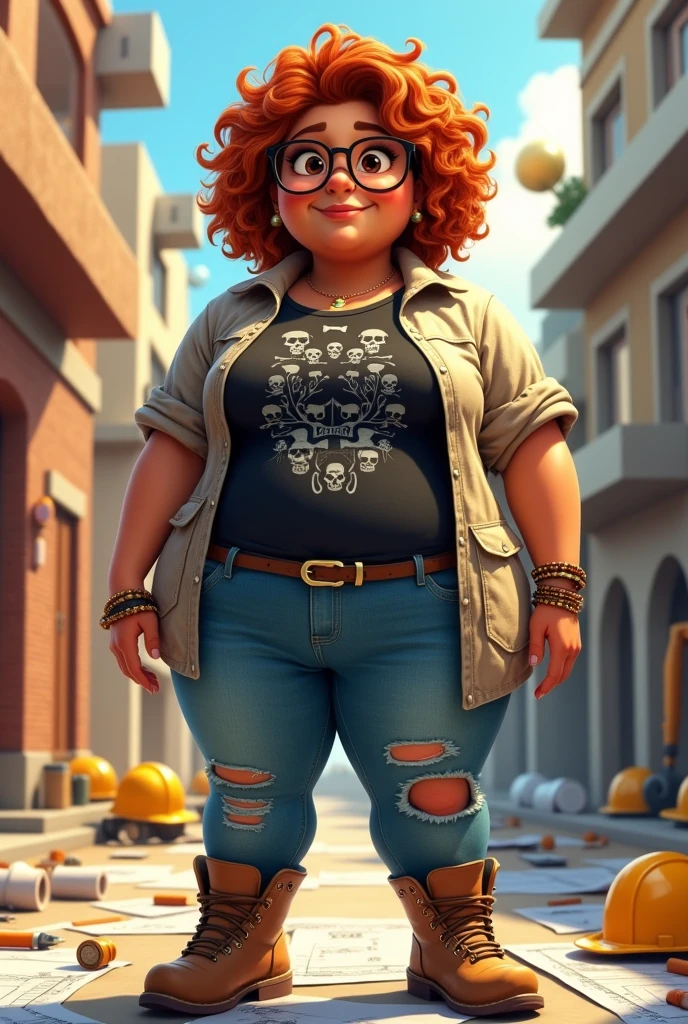 Very chubby and chubby female architect, with medium short curly copper red hair at shoulder length, brown skin, brown eyes and hipster glasses, with bracelets and nose piercing, with rockstar style bag, ripped denim jeans, with a black rock t-shirt with skulls and a canvas shirt over it open and construction boots, construction stop, Disney Pixar Cartoon version