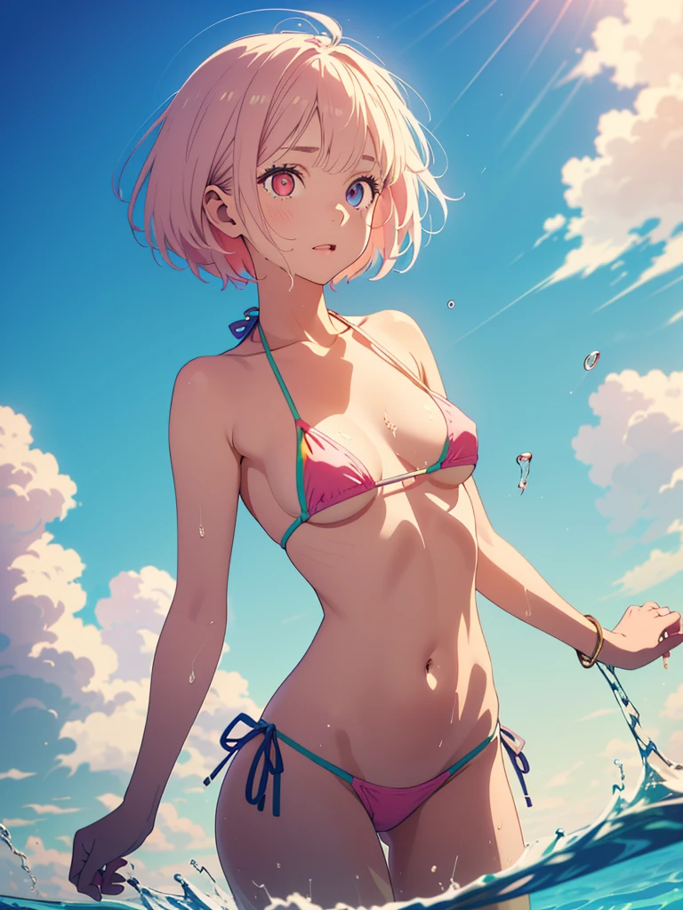 (12years old:1.4),(Very Young Face), (japan Person femes idol), 1girl, (medium Breast:1.4),)(pink nipples:1) Stroll along the seaside, sunshine, (masterpiece:1.0),(best_quality:1.0), ultra high res,4K,ultra-detailed, photography, 8K, HDR, highres, (perfect anatomy:1.4),(Beauty of form:1.4) (Golden ratio), (loraeyes),(big eye), (odd eye:1.4), (rainbow hair:1.4),(floating hair),(liquid clothes:1.4), (water:1),(water liquid micro bikini:1.4)