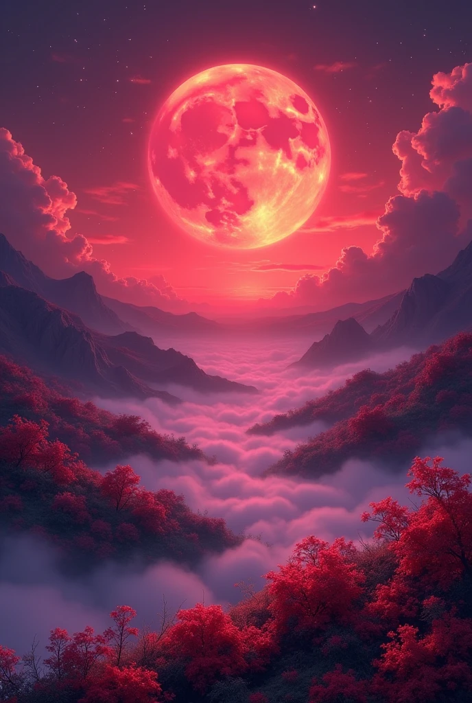 An anime style mystical twilight landscape with a sky in deep shades of red and purple. A large, glowing crimson moon hangs low, casting a soft, warm light. The ground is covered in a thin, swirling mist. Ethereal red flowers bloom on the ground, releasing a calming fragrance. The atmosphere is serene and peaceful, with a gentle, sweet scent in the air. The scene has a tranquil, otherworldly beauty, with a touch of fantasy and elegance.