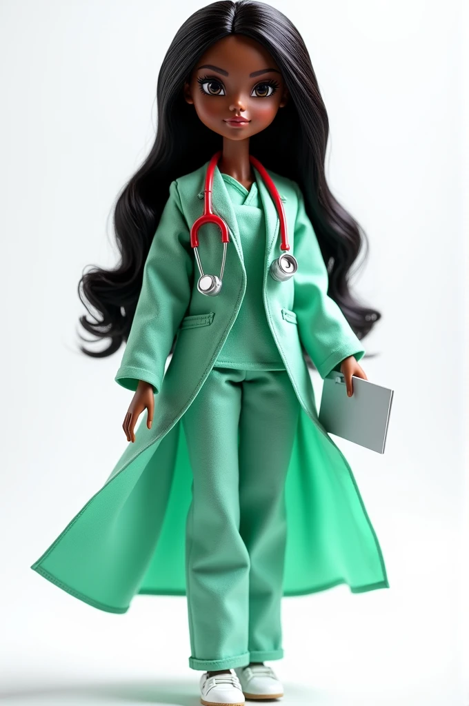 Create a black doll with straight black hair, black eyes, wearing a green lab coat over a green gown, with a red stethoscope around her neck and a clipboard in her hand, wearing white shoes. High quality, transparent background.
