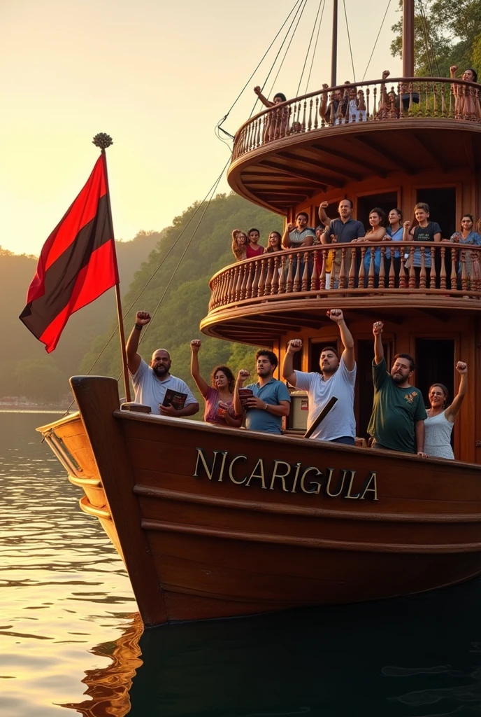 Recreate a photo of a two-story wooden boat, with the name in the Spanish language of "NICA FISHING" written to the side, with a red and black flag on the bow, and with many people of Nicaraguan mestizo race with books and with their right hand up in the shape of a fist, in a Nicaraguan lake 