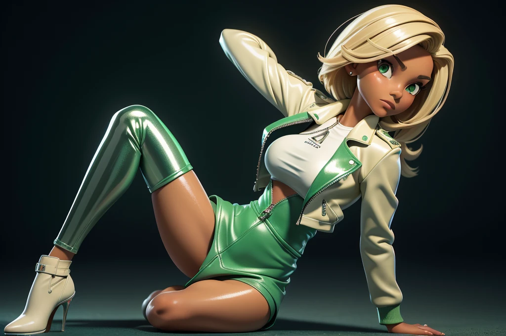 obra prima, melhor qualidade, ((only one woman,)) ((dana perino, dark tan skin, straight hair,)) erect cone tits, ((wearing shiny cream leather biker moto jacket,)) ((jacket has padded shoulders, jacket has stiff high collar,)) (((wearing shiny green leather miniskirt,))) body is very skinny, ((sitting back, legs spread,)) ((camera front view of body,)) shallow depth of field, highres, HD, 8k, anatomically correct