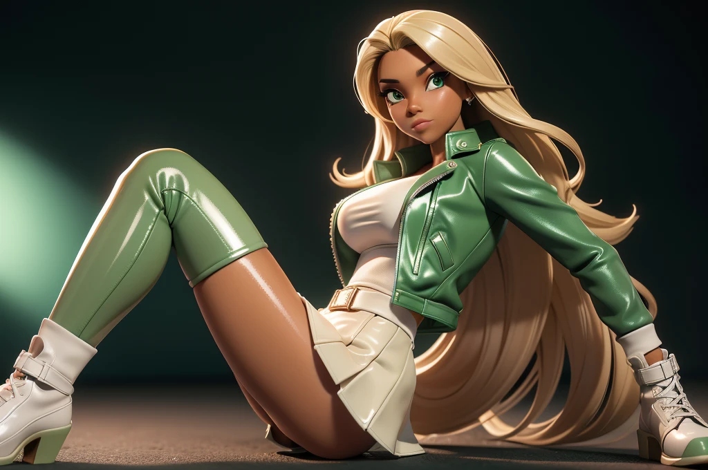 obra prima, melhor qualidade, ((only one woman,)) ((dana perino, dark tan skin, straight hair,)) erect cone tits, ((wearing shiny cream leather biker moto jacket,)) ((jacket has padded shoulders, jacket has stiff high collar,)) (((wearing shiny green leather miniskirt,))) body is very skinny, ((sitting back, legs spread,)) ((camera front view of body,)) shallow depth of field, highres, HD, 8k, anatomically correct