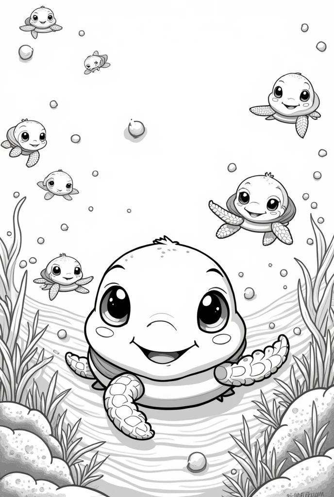 Um desenho em preto e branco de lots of, lots of, lots of lots of tartarugas bebe fofos, with big eyes and happy in the sea as if they were cartoon characters