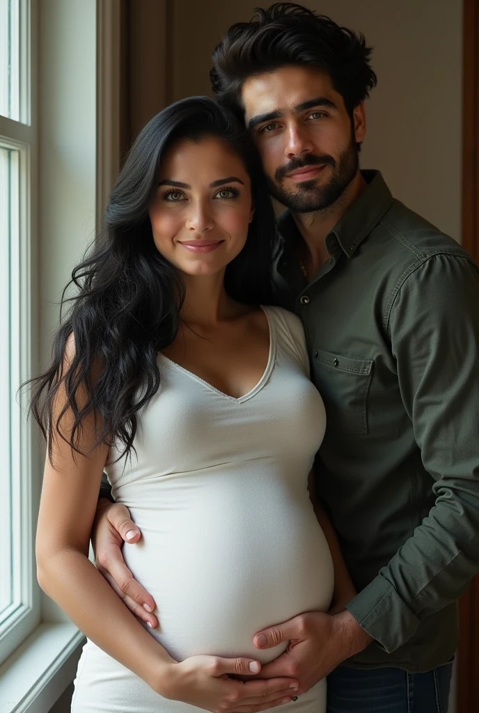 Creates a pregnant woman, she has white skin, black hair, green eyes and a husband by her side, with a beard, medium hair and green eyes