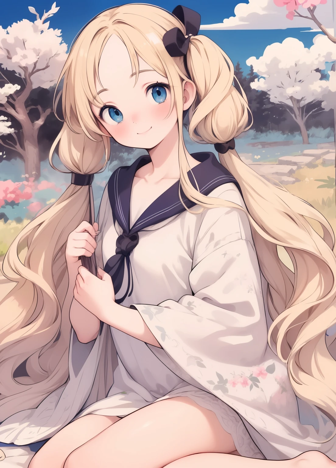 (masterpiece、Highest quality、Highest quality、Official Art、Beautiful and beautiful:1.2)、(One person:1.3)Hatsune Miku、Twin tails,Beautiful breasts, Katsushika Hokusai,,One person,,,Very long blonde hair,blue eye,Pale skin,detailed beautiful eye,(small eye:1.4),(amount:0.9),Messy Hair,,A garden full of beautiful flowers,,,From below,,,Beautiful white dress,Kneel,,,boredom,,,(Tilt your head:1.3),tsurime,,Detailed fingers,smile,close ~ eye,,,,,,,