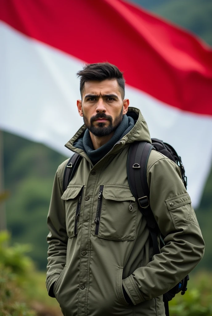 jewish man, black short hair, masculine face, straight focus, outdoor outfit, in front of Indonesia flag, square photo