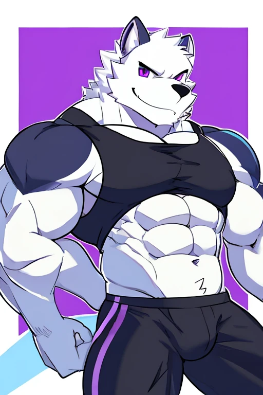 polar bone, muscular, purple eyes, with black sleeveless shirt, purple underwear, with a mischievous smile