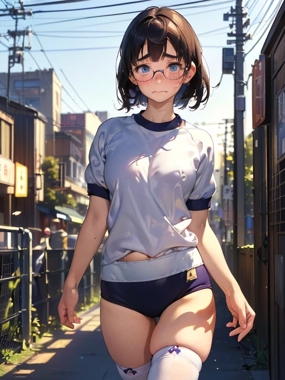 (masterpiece:1.2,Highest quality,Ultra-high resolution,Very detailed:1.2),(Best illustrations),8k,wallpaper,(One small young girl),(Young Japanese girl),Very short stature，Very thin thighs，(Walking outside shyly:1.6),((Small white gym uniform for students)),((小さなネイビーブルーのBloomers)),break(Big Breasts:1.2),(very thin thighs:1.2),(Beautiful Face,Detailed face，Baby Face，Glasses，Beautiful Eyes,Beautiful Eyes,Beautiful Skin,Skin Texture:1.3,Long eyelashes,Big eyes),(Sensual),(functional),(Embarrassed face:1.6),break(Japanese_Bloomers),(Cowboy Shot:1.6),(front:1.6),(The background is the city:1.6),(Blurred Background:1.6)，Bruises and gestures，Highly dynamic poses，