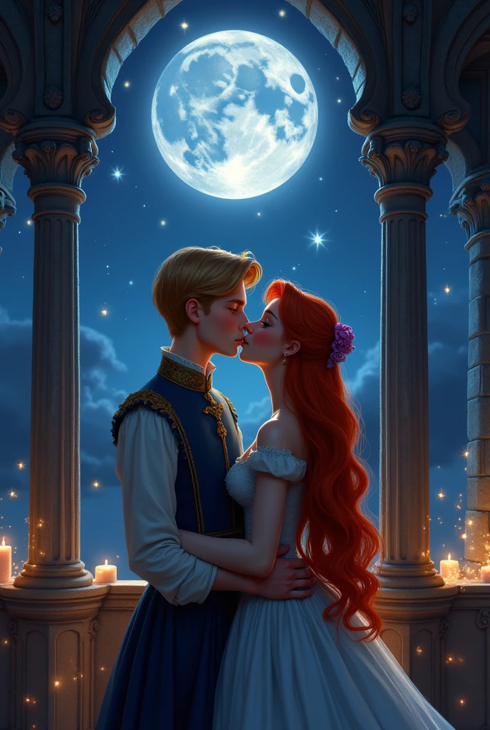 Red-haired princess kisses blond prince on the balcony of a castle room at night without fireworks, NO flowers. They must be young
