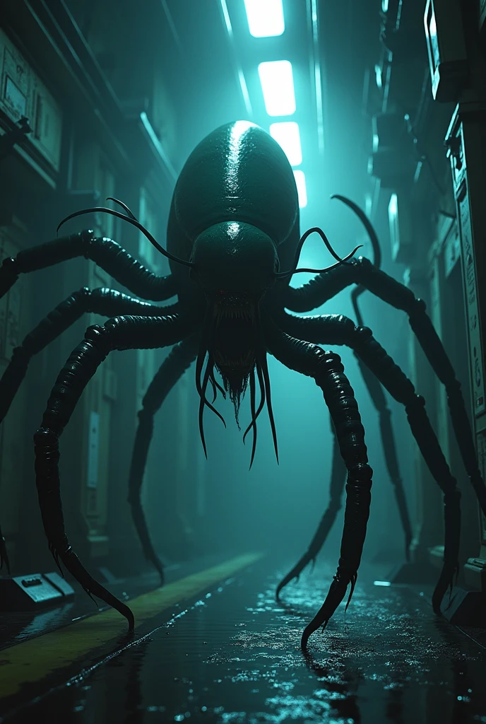 (photorealism:1.2), Hyperdetailed,Hyperrealistic,Realism,RAW photography of a facehugger jumping at someones face,in a dark creepy space station, in the dark shadows, creepy alien movie style,realistic style,8k HD ultra fine detailed,cinematic,photo realistic,dynamic lighting,masterpiece,32k,high definition,behance contest winner,smooth,ultra high definition,ultra sharp focus, intricate artwork masterpiece,text:"Need a hug?", realistic, intricate details, cold colors, by Greg Rutkowski, by Alphonse Mucha, H.R. Giger