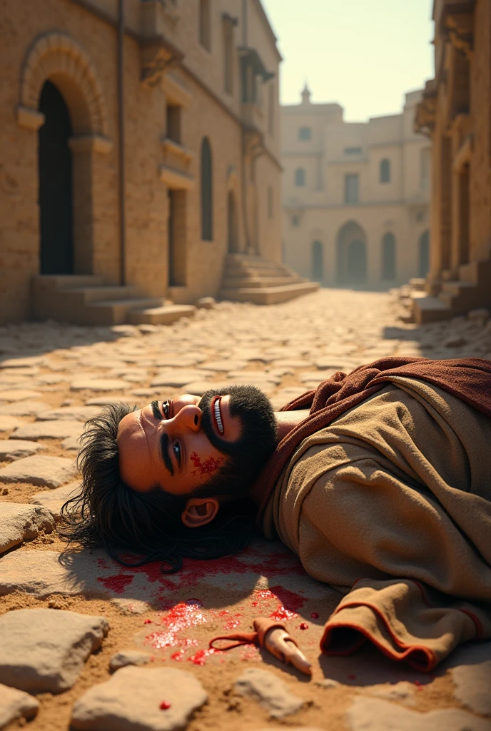 A hurt Jewish man alone almost. Clothes instead of lying on the ground after being robbed,  and hurt, with blood and cuts on the almost dead body in the time of Jesus, 3D drawing