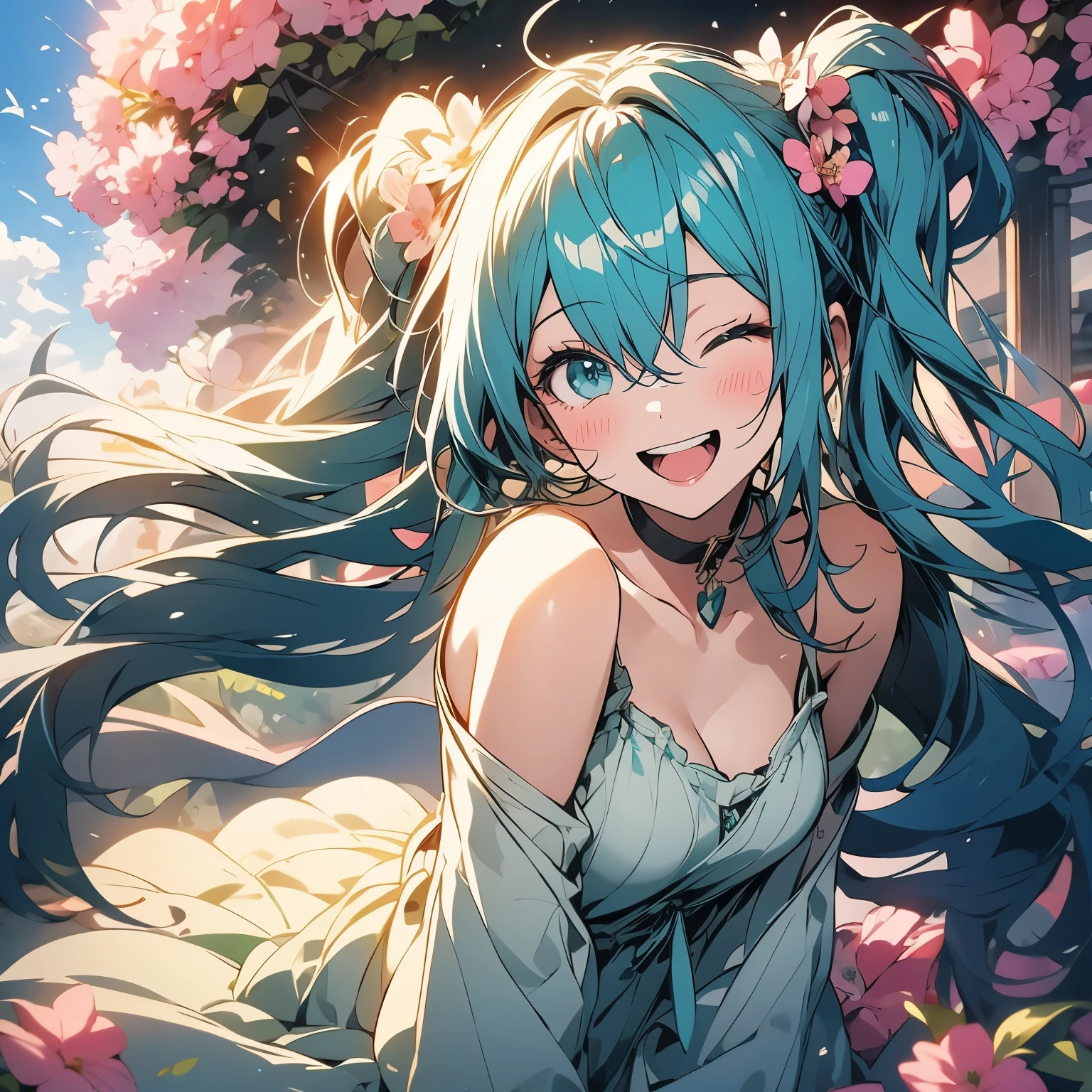 Hatsune Miku、Laughing happily、Surrounded by flowers