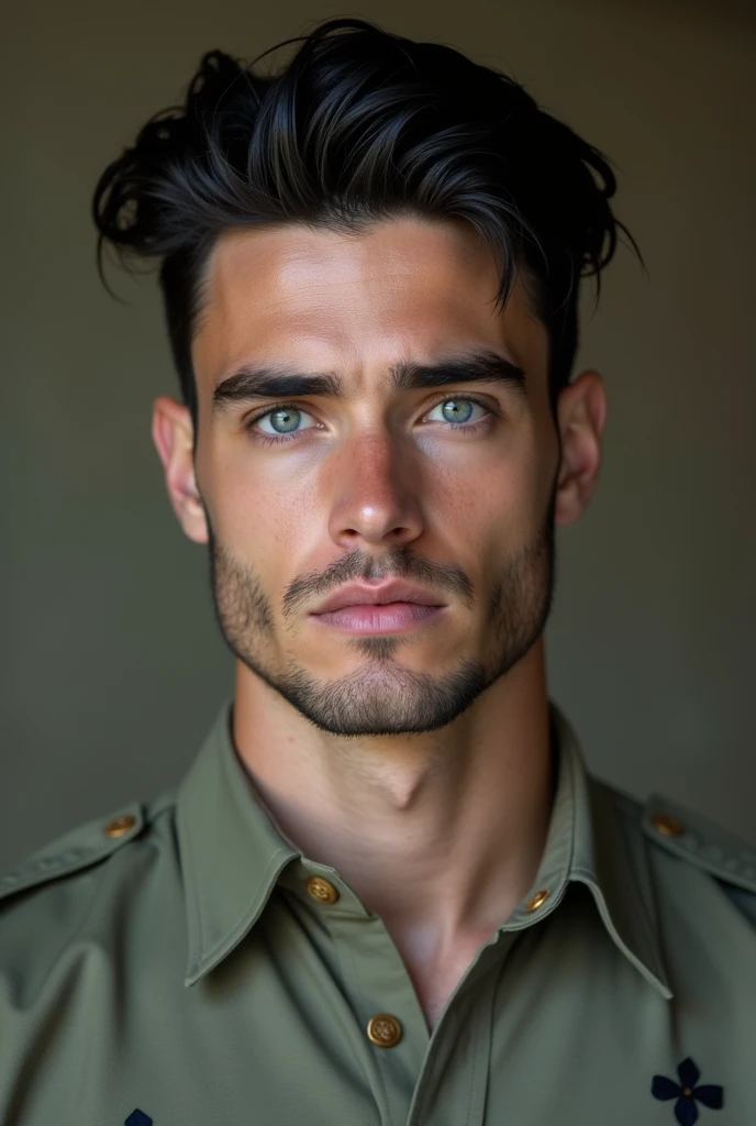 Young Handsome england tall man with black hair, big muscles, pale skin, and light blue eyes with an intense look in his eyes, a serious face, wearing a military shirt looking at the front of the screen