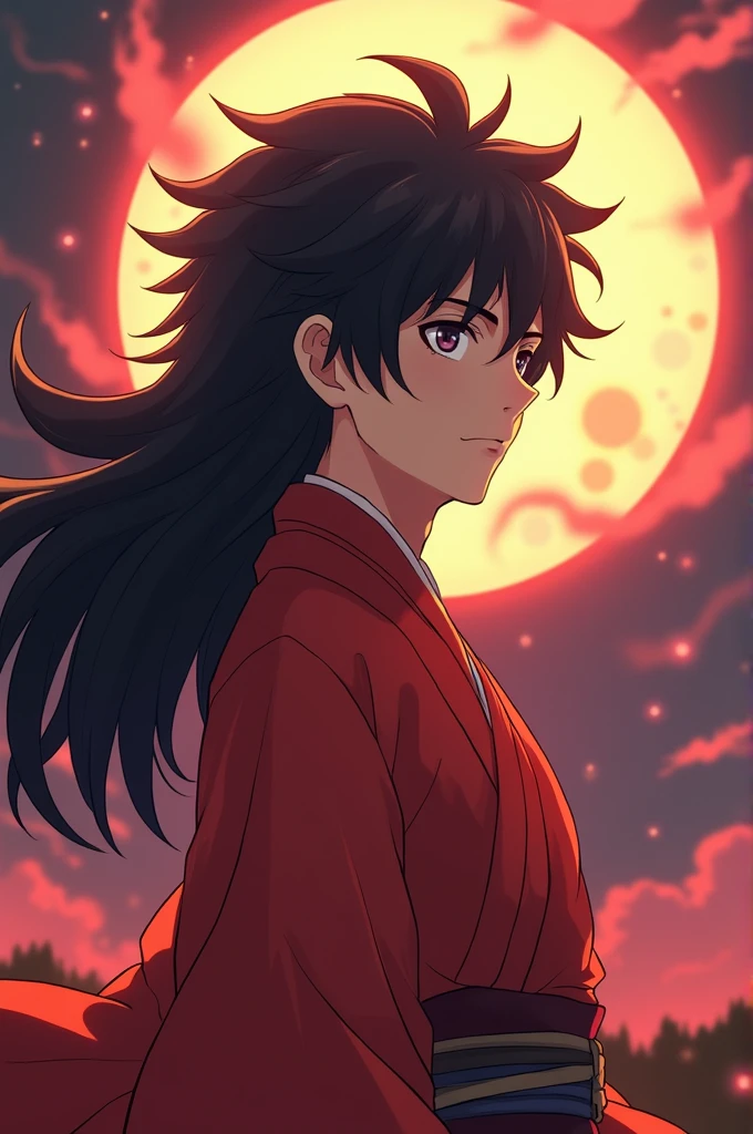 Make a boy with long hair like Yoriichi, com kimono roxo e Haori roxa, in an anime form based on Demon Slayer, What is a Moon Breathing user hunter