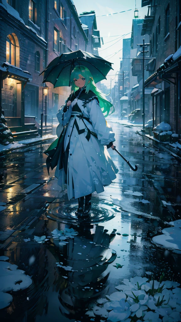 White flower、Green Hair、Black clothes、snow scene、snow、umbrella、puddle、Reflective plate, long hair, Surrealism, cinematic lighting, clair obscur, uhd, high details, best quality, highres, 8k