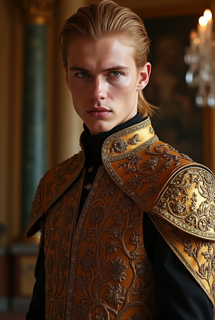 21 year old handsome man, a tough but handsome profile, whitish skin, copper blonde hair and well combed, amber eyes, unfriendly face, in a king's outfit.