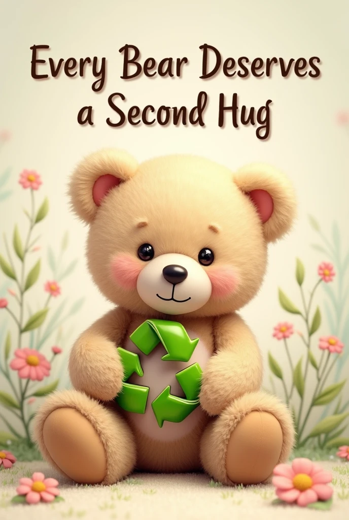 "A cute, refurbished teddy bear holding a small recycling symbol. The bear looks happy and clean, with a simple and soft color palette. Above the bear, the text 'Every Bear Deserves a Second Hug' is written in playful, rounded font."