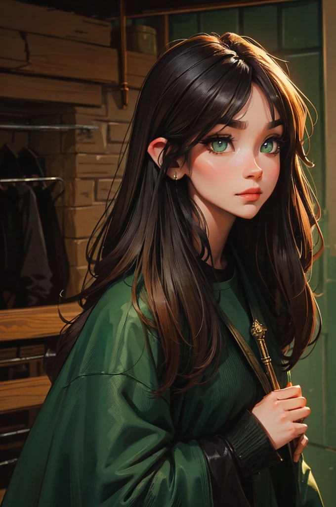 dungeons and dragons satyr. black and bronze ombre hair. dark green eyes. casual clothes.